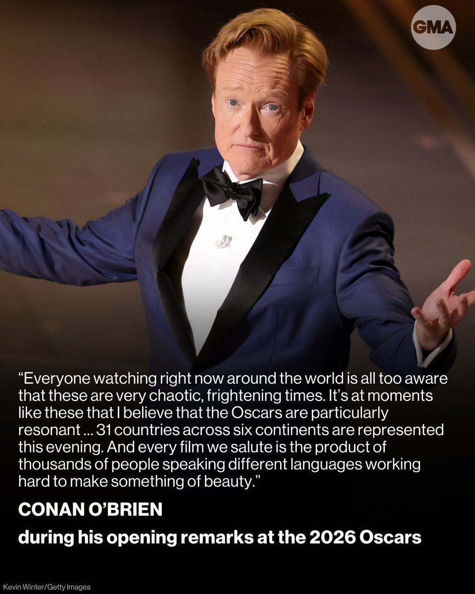ABC's tweet photo. Talk show host and comedian Conan O'Brien kicked off the show at the 2026 Oscars with a wide-ranging opening monologue highlighting the stars and films vying for the top prizes at tonight's ceremony.
 
Read more: https://t.co/vUh7ACtlSO https://t.co/l0SXXydc97
