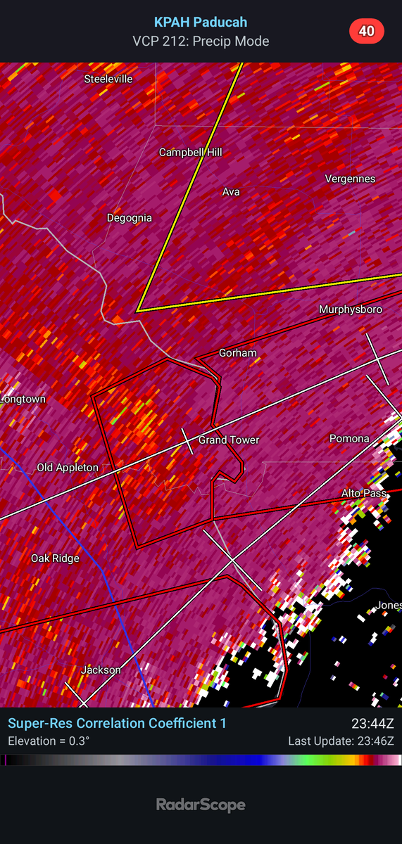 frontierfcst's tweet photo. A tornado warning is in effect for areas including Grand Tower and Pomona. Radar indicates a possible tornado developing. Residents should immediately seek shelter! https://t.co/wmwmuw8IYU