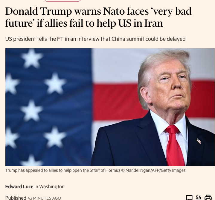 tparsi's tweet photo. Trump warns NATO that it will face a very bad future if it refuses to help the US win a war that Trump says the US already won two weeks ago... https://t.co/5dYRca4Gwr