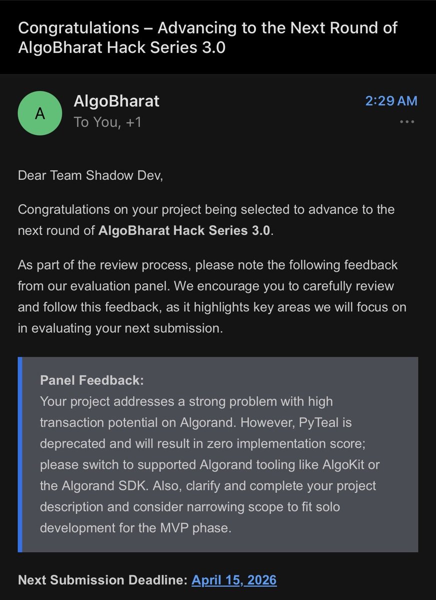 Smxh_Sol's tweet photo. Just advanced to the next round of @Algo_Bharat  Hack Series 3.0 🚀

Time to build harder, iterate faster, and deploy better on Algorand.

The real grind starts now.

LFG 🔥
#Algorand #BuildOnAlgorand #Web3 #Hackathon #Blockchain https://t.co/he4ksYHuGt