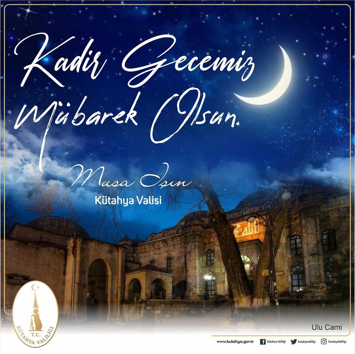 KutahyaValiligi's tweet photo. 🌙 Bin aydan daha hayırlı gece: Kadir Gecesi 🤲

Rahmet, mağfiret ve bereket kapılarının sonuna kadar açıldığı bu mübarek gecede dualarınız kabul olsun. Kütahya Valiliği olarak, tüm İslam âleminin Kadir Gecesi’ni tebrik ediyor, sağlık, huzur ve barış getirmesini diliyoruz. 🌟📖 https://t.co/1uPMKk1ASV