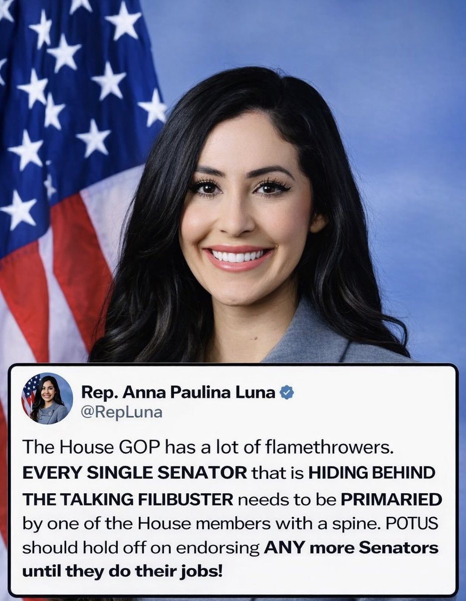 🚨BREAKING:
REP. ANNA PAULINA LUNA IS UNLEASHING HELL ON THE SENATE SWAMP RATS!🔥🇺🇸

Rep Luna is calling out the gutless Senate Republicans hiding behind their pathetic “talking filibuster” to block the SAVE America Act!

She’s DEMANDING House Republicans PRIMARY EVERY SINGLE ONE