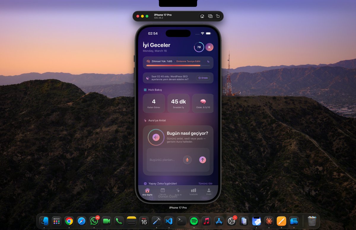 mrn0rt3h's tweet photo. Gece saat 03:00 ve Claude Pro ile #VibeCoding seansımız sınırları zorluyor! 🚀

İlk arayüzümüz güzeldi ama biraz "sıkışıktı". Claude'a sadece "Tasarıma nefes aldır, boşlukları ayarla ve minimalist Apple hissiyatını ver" dedim. Sıfır kod silmeden, saniyeler içinde Spatial UI ve Glassmorphism'i kusursuz bir ferahlığa ulaştırdı.

✨ Yeni Eklenen Zeki Dokunuşlar: 
🔋 Zihinsel Yük Göstergesi (Şu an %85 dolu 😅) 
🧠 Otonom Bağlam Farkındalığı (Gece 3 olduğu için yapay zeka bana "WordPress'i yarına erteleyelim" diyor) 
📊 Hızlı Bakış Widget'ları
Uygulamanın zihni yormayan bir "ikinci beyin" olması için bu aralıklar ve nefes alan tasarım şarttı.
Sizce bu ferahlık nasıl olmuş? Gecenin geri kalanında uygulamanın hangi sayfasını kodlamaya geçelim: İstatistikler mi, yoksa AI Profilimiz mi? 👇
#ClaudeAI #SwiftUI #iOSDev #Apple #BuildInPublic #AI