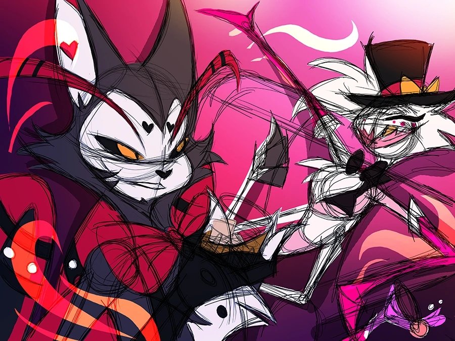 JessAShort31's tweet photo. My Pride month exclusives are now in the sketch phase. First up is the infamous #huskerdust pairing, Husk and Angel Dust. Preorders will be open at some point, but cold-foil prints will be available at FlameCon! #hazbinhotel #helluvaboss #angeldust #husk #vivziepop https://t.co/mEaaz5f8Wt