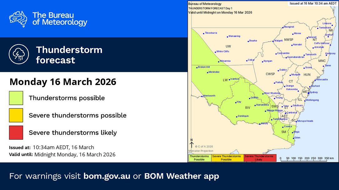 ⚠️⛈️Thunderstorm Forecast - 16 March

🟢 Thunderstorms are possible today about SE #NSW, across the southern inland and far west

Thunderstorms are possible at any stage during the day; localised heavy falls bringing flash flooding will be a watch point

ow.ly/yC3E50YuxaN