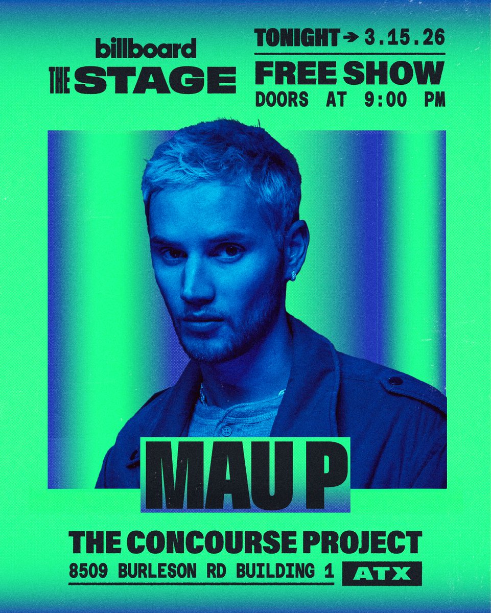 billboard's tweet image. TONIGHT ✅ Due to severe weather, Mau P, Apex Martin and Austin Ashtin will now hit Billboard’s THE STAGE at The Concourse Project.

This event will be free, and guests will be granted entry on a first-come, first-served basis. Doors open at 9 p.m. 

All tickets purchased for