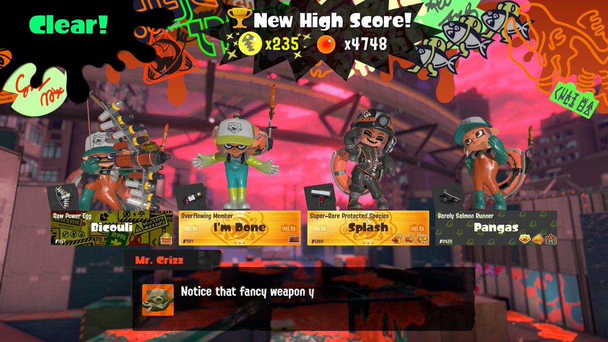 SmashingSplash2's tweet photo. Hope everyone enjoyed Eeltail! I got 237 with a 90+ mothership wave and 235 without night waves this Big Run! Thank you and ggs to everyone who played with me this weekend! 💕🎉 https://t.co/OJA5HLd87o