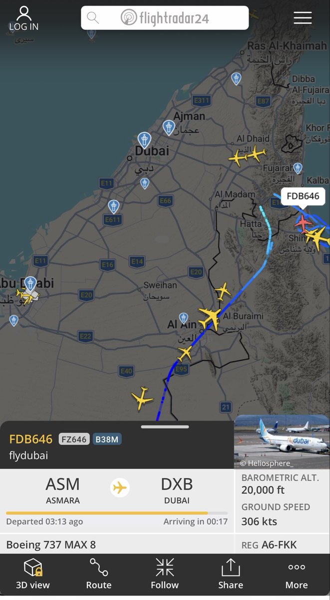 Airspace over Dubai looks closed, apparently the airport was hit and a lot of smoke can be seen