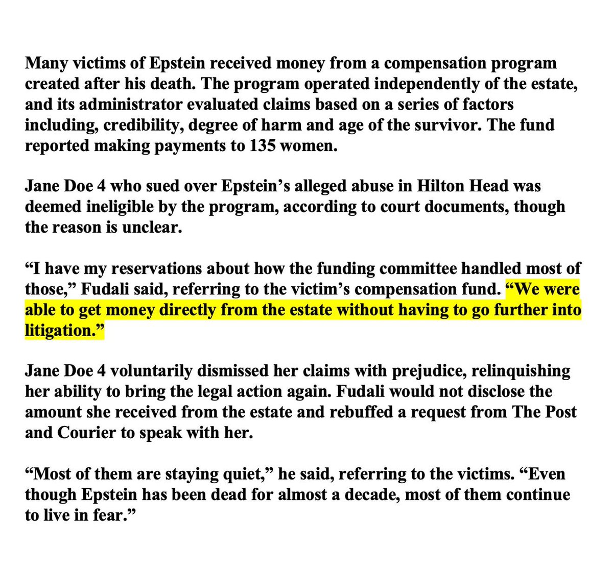 Is Epstein’s accountant covering something up for Trump? These depositions are under oath. The Trump accuser’s lawyer disclosed to <a href="/postandcourier/">The Post and Courier</a> (text below) that she did indeed receive a settlement from Epstein’s estate, of which Mr. Kahn is both executor and beneficiary.