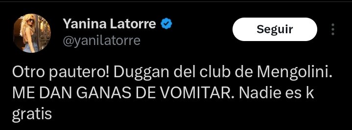 Ahora se entiende la obsesión con Mengolini, era para tapar que ella está más sucia que una papa.

Nadie es libertario gratis <a href="/yanilatorre/">Yanina Latorre</a>