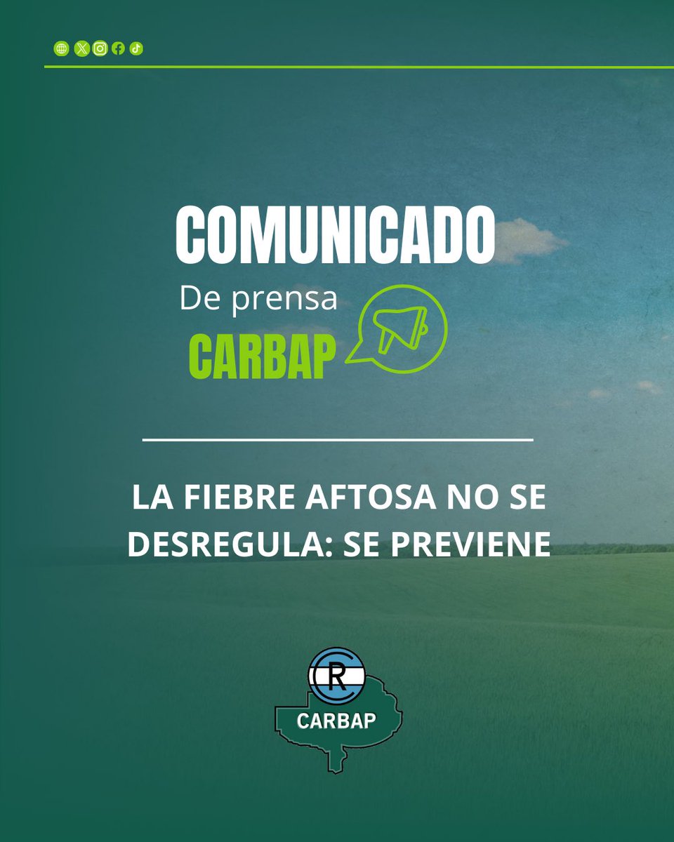 #ComunicadoCARBAP 

La fiebre aftosa no se desregula, se previene.
Desde #CARBAP advertimos que el sistema sanitario argentino es resultado de décadas de trabajo conjunto entre productores, entes sanitarios y el Estado.
Debilitarlo pone en riesgo la sanidad animal, la producción