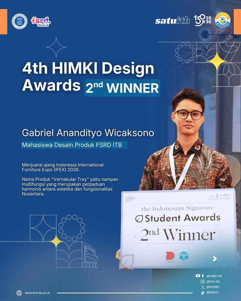 fsrditb1's tweet photo. Capaian yang membanggakan dari Gabriel Anandityo Wicaksono Mahasiswa Desain Produk FSRD ITB Angkatan 2023 meraih "Juara Kedua 4th HIMKI Design Student Awards" tema “The Indonesian Signature” pada ajang Indonesia International Furniture Expo (IFEX) 2026 5 Maret 2026 #itb #fsrditb https://t.co/0UqGrUGFJe