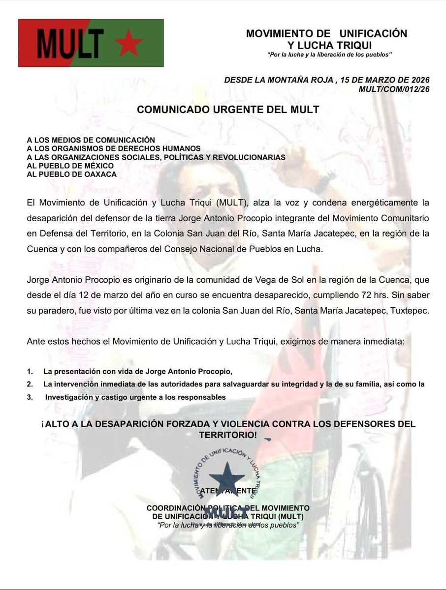 Exigimos presentación con vida de Jorge Antonio Procopio; demandamos enérgicamente, la intervención inmediata de las autoridades competentes para resguardar su integridad y la de su familia; que se realice la investigación y castigo ejemplar a los responsables de la desaparición