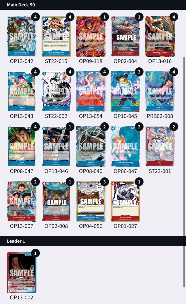 I got top 8 at worlds this weekend with Ace!

R1: Imu (Korea)❌(dgl due to no overtime)
R2: Imu (Thailand)✅
R3: Ace (China)✅
R4: Boa (Japan)✅
R5 Mihawk (Japan) <a href="/Luka08142/">Luka</a> ✅
T8: Doflamingo (NA teamkill 😭) <a href="/Savirix/">Nathan Fong</a> ✅❌❌

Definitely a great performance that I had hoped for!