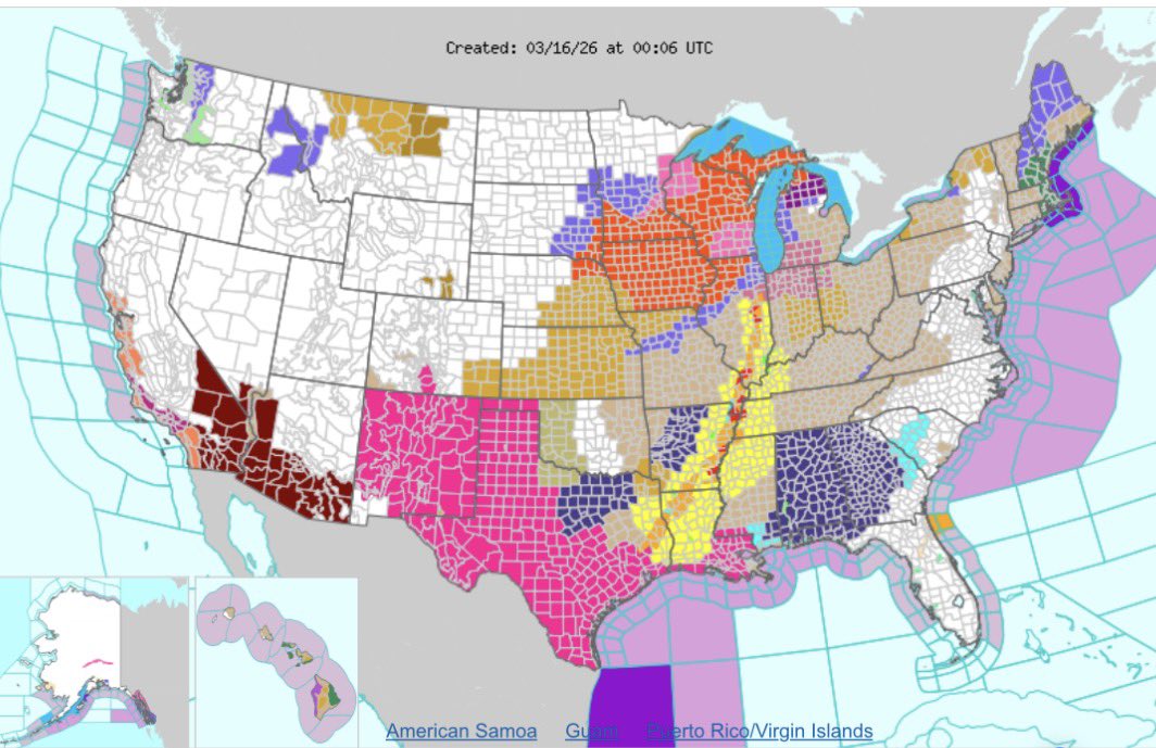 DavisDoesWX's tweet photo. This might genuinely be the most chaotic NWS warning map of all time https://t.co/NDGuGeUpiT