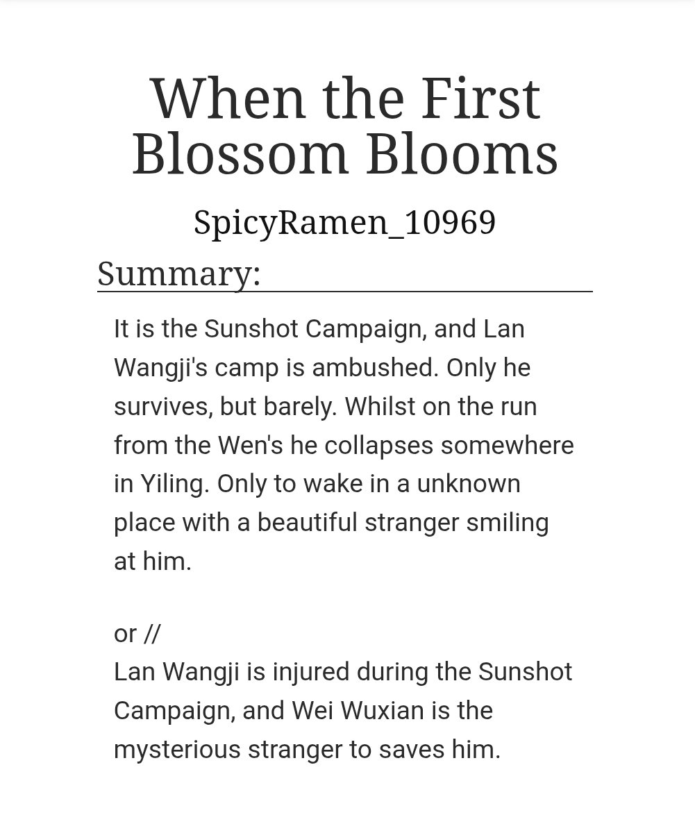 SpicyRamen10969's tweet photo. #WangXian 

My fic for @WangXianAction 
Thank you Anonymous for your donation ^^ I hope you enjoy! 

When the First Blossom Blooms 
✨️ Injured Lan Wangji 
✨️ Rogue Cultivator Wei Wuxian
✨️ WY nursing LZ back to health
✨️ Strangers to lovers 

https://t.co/Oj1S7JqFZu https://t.co/jRY9QNuEUq