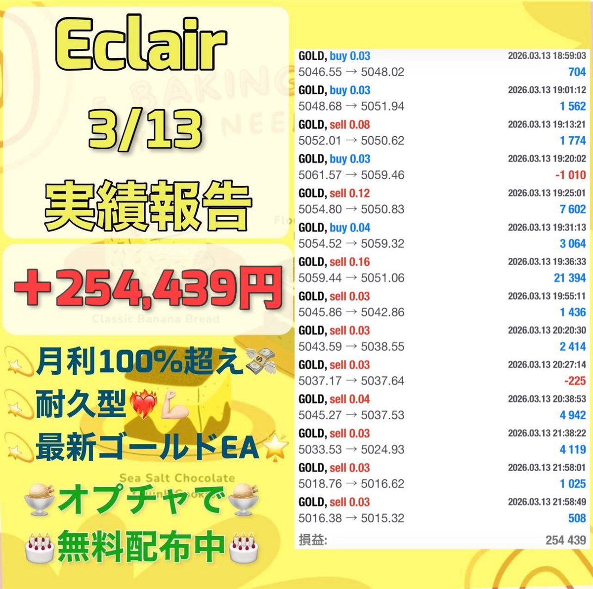 eaeaea1000's tweet photo. 3月13日収支

FX自動売買
🧁Eclair🧁
＋254,439円(日利25.4%)

🍰耐久型
✅危険指標をモノともしない高耐久
✅東京時間だけで高利益
想定月利100%

無料EA受取オプチャ👇
https://t.co/kZVt8oCXCy
ad 副業 副収入 不労所得 在宅ワーク https://t.co/LeGZGHVpLY
