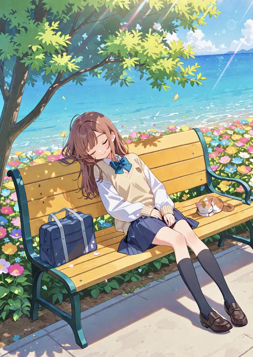 「海風の子守唄」
ぽかぽかのベンチでうとうと。
海から吹くやさしい風が、
そっとお昼寝に誘ってくるよ。
#WarishitaMix #AIイラスト好きさんと繋がりたい