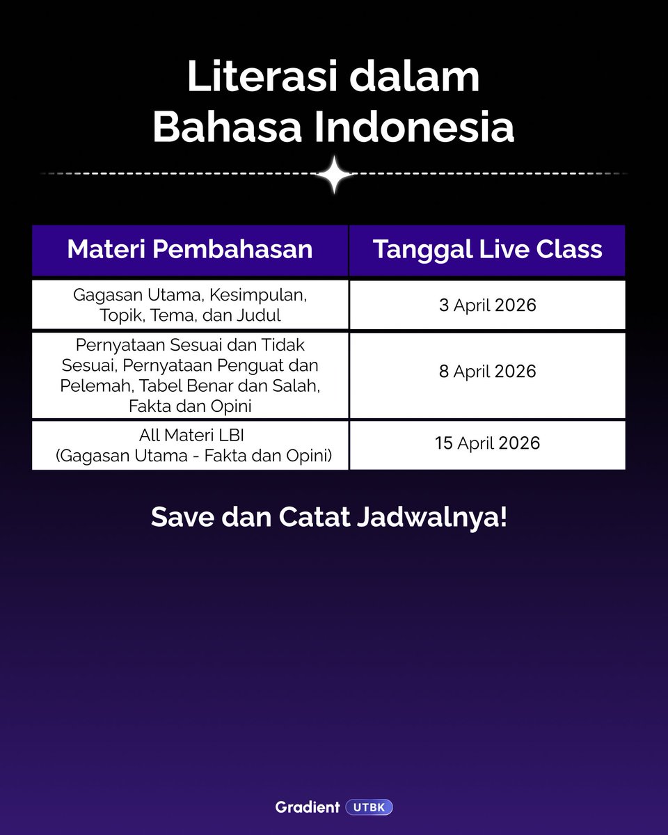 gradient_UTBK's tweet photo. Reveal jadwal materi SPRINT LIVE CLASS 🚀
Kelas ini akan dimulai pada tanggal 31 Maret - 20 April 2026 dan dilaksanakan setiap hari hingga H-1 UTBK 😆
Daftarkan dirimu sekarang melalui link
🔗 https://t.co/xRk6HmBdt1
#GradientUTBK
#RaihPotensi
#BangunMasaDepan
#SNBT2026 https://t.co/xXzkNwZCRt