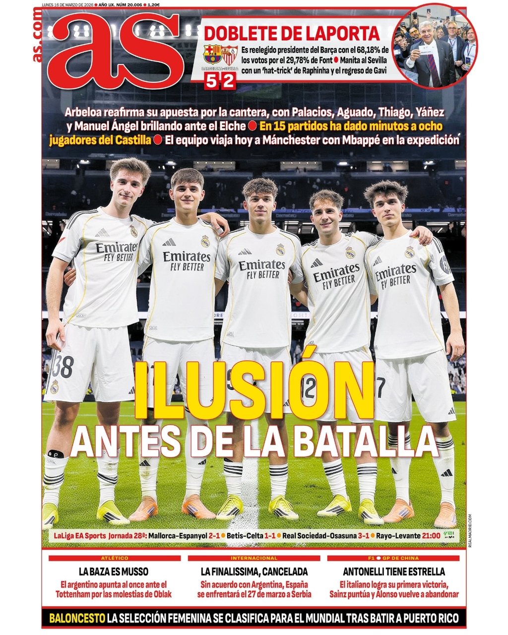 غلاف صحيفة "آس": أربيلوا الؤهان على الناشئين. أمام إلتشي. في 15 لقاء منح دقائق عديدة لثمانية لاعبين من "كاستيا".. الفريق يسافر اليوم إلى مانشستر مبابي ضمن البعثة 