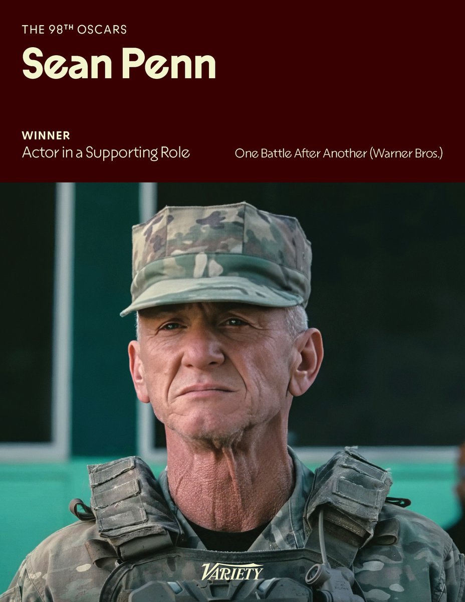 Variety's tweet image. #Oscars: Sean Penn (“One Battle After Another”) wins Best Actor in a Supporting Role

See the full list of winners: variety.com/lists/oscar-wi…