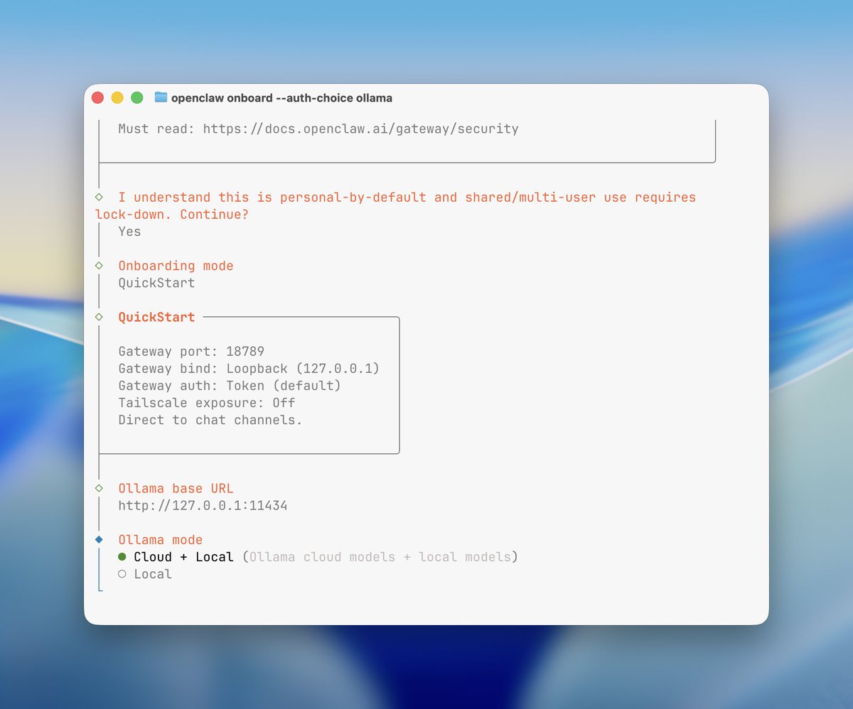 Ollama onboarding screen