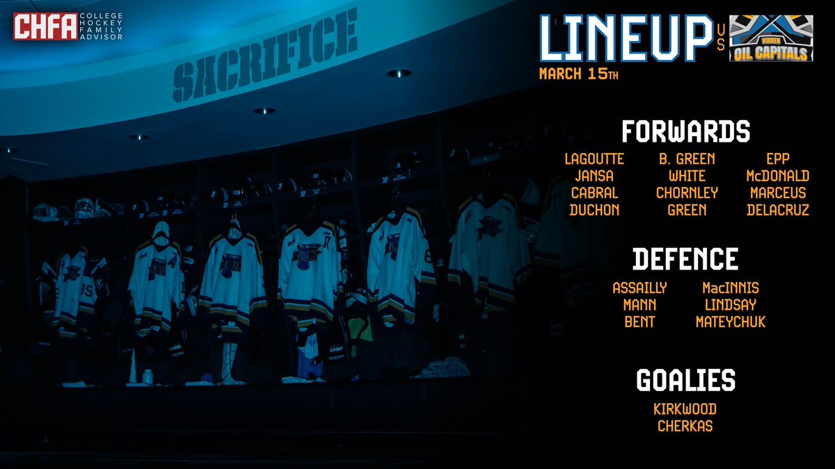 BluesWpg's tweet photo. The lines as we take on the Oil Capitals! Brought to you by College Hockey Family Advisor!

#NewEra #LetsGoBlues
📸 Luke Perrett https://t.co/oEzV8YOdhM