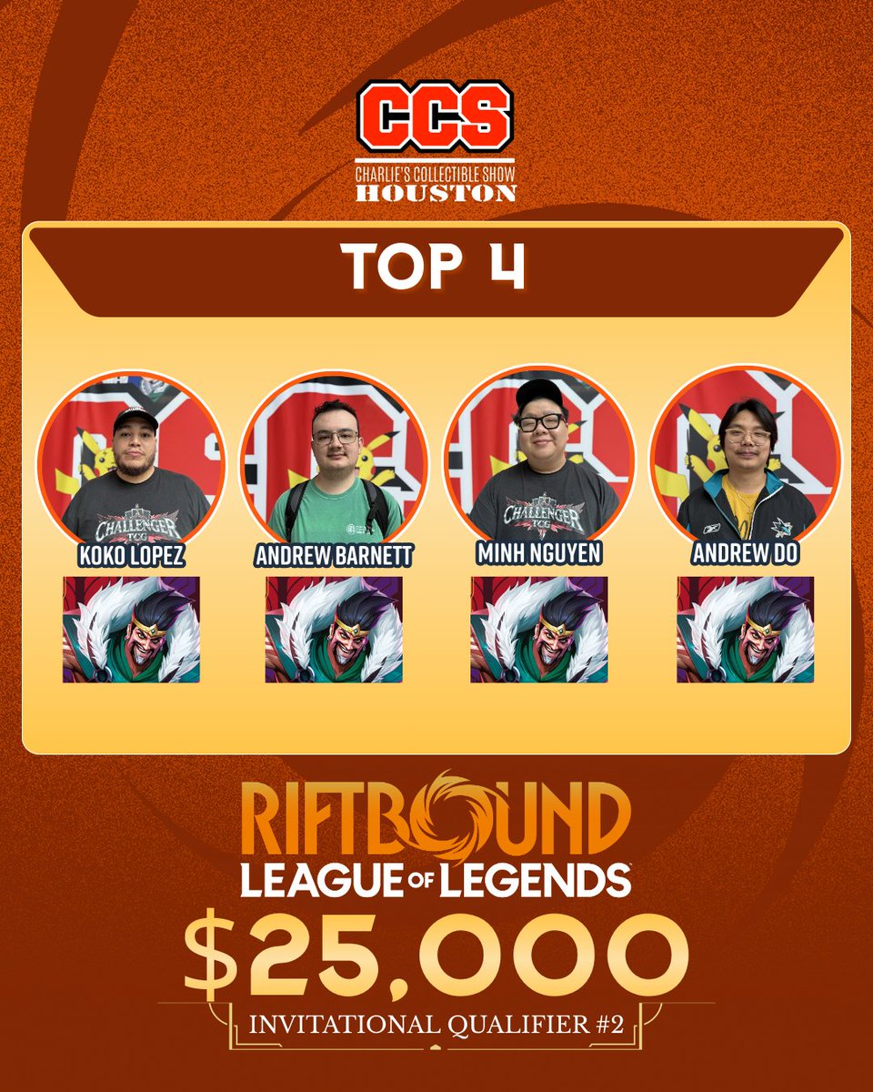 CCS_Houston's tweet photo. What a fierce tournament 🤯 All Top 4 decks ran Draven builds. 🔥

🏆 Andrew Do takes the championship! Congrats to all players who earned invites &amp; points toward the CCS $50K Invitational!

ATL 25K Qualifier #3 — May 23-24 👀

#riftbound #riftboundtcg #charliescollectibleshow https://t.co/da2Qkuxg1J