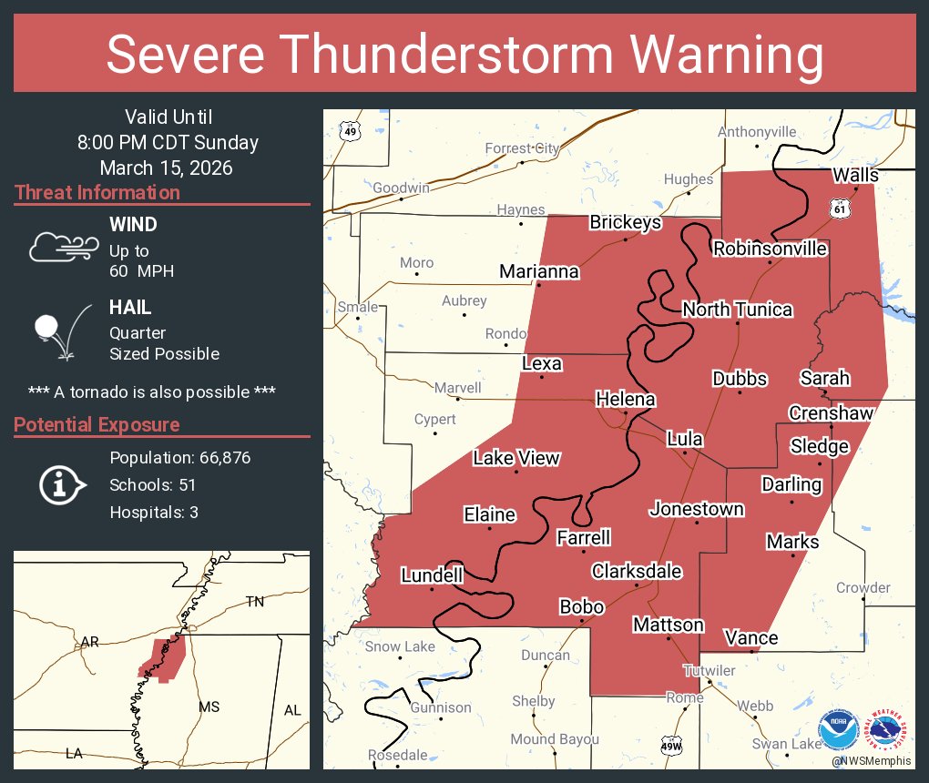 Severe Thunderstorm Warning including Clarksdale MS, Marianna AR and ...