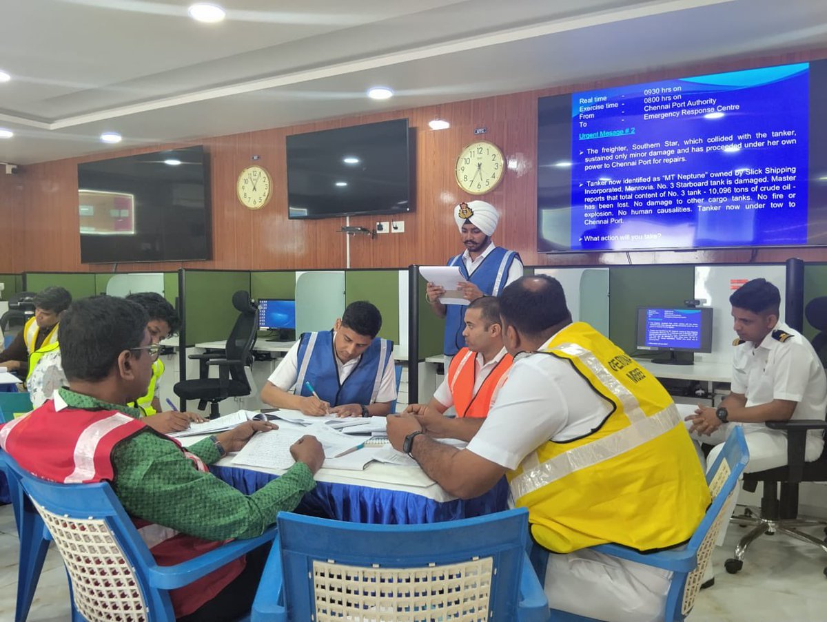 IndiaCoastGuard's tweet photo. @IndiaCoastGuard #PollutionResponse Team (East) conducted #OPRC Level-2 Course at #Chennai from 09–13 Mar 26, bringing together 17 participants from Major Ports, #OilHandlingAgencies and #ICG Officers/Personnel. The course focused on #ContingencyPlanning, #SensitivityMapping, intensive table-top exercises, and hands-on training on oil spill containment and recovery equipment. The trained personnel are now equipped to undertake the role of On Scene Commander within their respective areas of responsibility to effectively combat #OilPollution incidents at sea. #ICG reaffirms its commitment to the #SwachhSagarAbhiyan, working collectively towards a cleaner, safer maritime environment. 
#MaritimeCooperation
#SAGAR
#CleanOceans