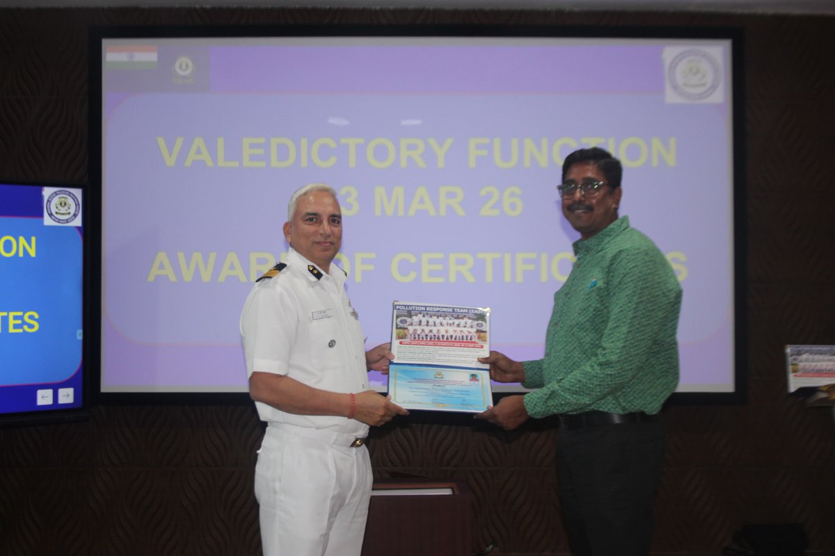 IndiaCoastGuard's tweet photo. @IndiaCoastGuard #PollutionResponse Team (East) conducted #OPRC Level-2 Course at #Chennai from 09–13 Mar 26, bringing together 17 participants from Major Ports, #OilHandlingAgencies and #ICG Officers/Personnel. The course focused on #ContingencyPlanning, #SensitivityMapping, intensive table-top exercises, and hands-on training on oil spill containment and recovery equipment. The trained personnel are now equipped to undertake the role of On Scene Commander within their respective areas of responsibility to effectively combat #OilPollution incidents at sea. #ICG reaffirms its commitment to the #SwachhSagarAbhiyan, working collectively towards a cleaner, safer maritime environment. 
#MaritimeCooperation
#SAGAR
#CleanOceans