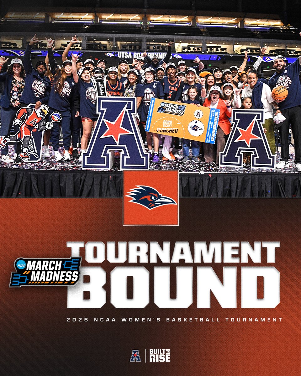 American_Conf's tweet photo. The Roadrunners are heading to the big dance💃 

They will face UConn in the first round🤙

#BuiltToRise x @UTSAWBB https://t.co/9I9QheoYi5