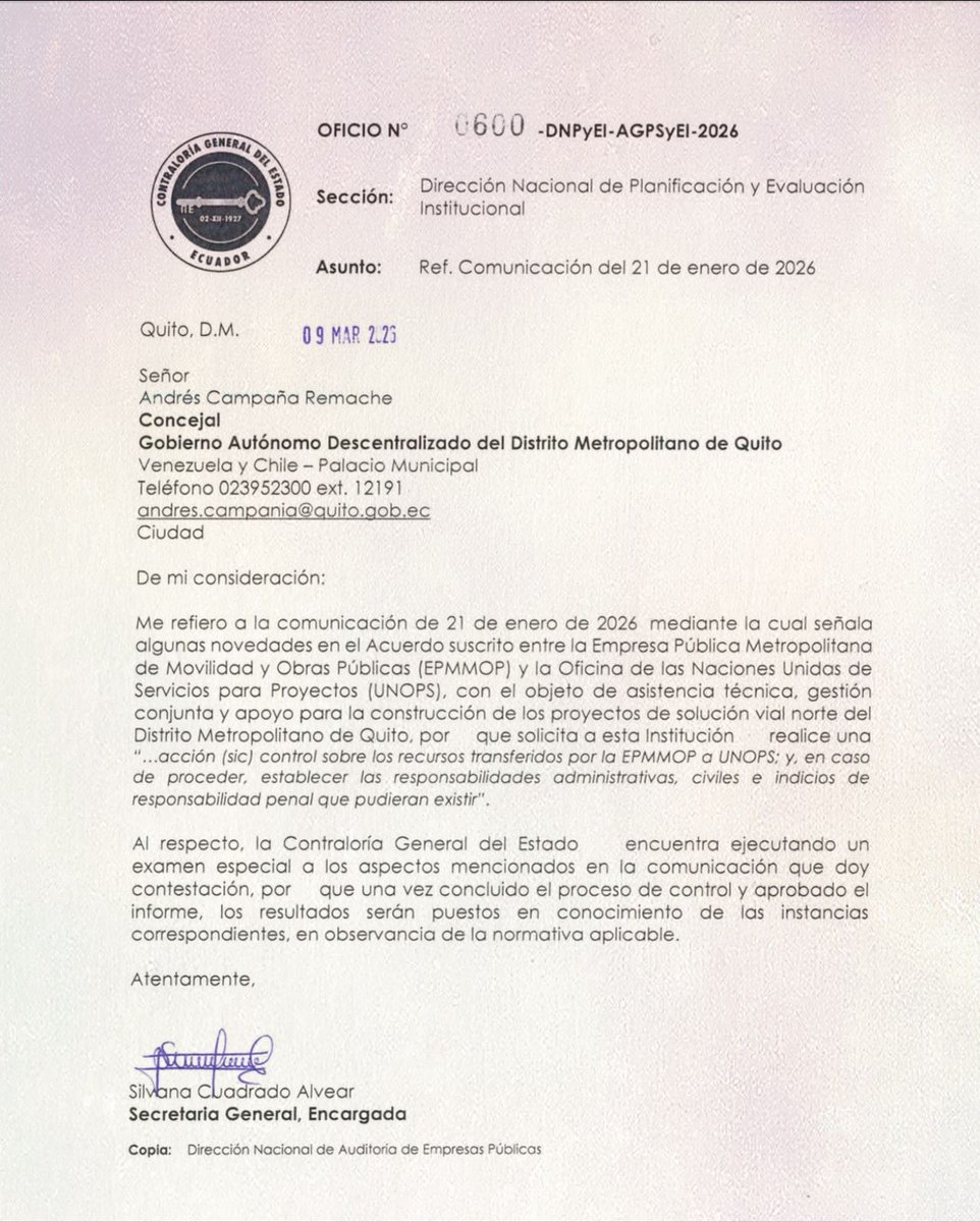 campanaUIO's tweet photo. A pedido mío, la Contraloría ya inició un examen especial del convenio entre @ObrasQuito y UNOPS para tres proyectos de movilidad en el norte de Quito:

• un paso deprimido en la Mariscal Sucre
• un paso elevado en la Rumihurco
• la rehabilitación de la Panamericana norte

Nunca hicieron las obras, pero UNOPS retuvo USD 2.7 millones de los USD 33 millones que recibió

Ahora corresponde establecer las responsabilidades