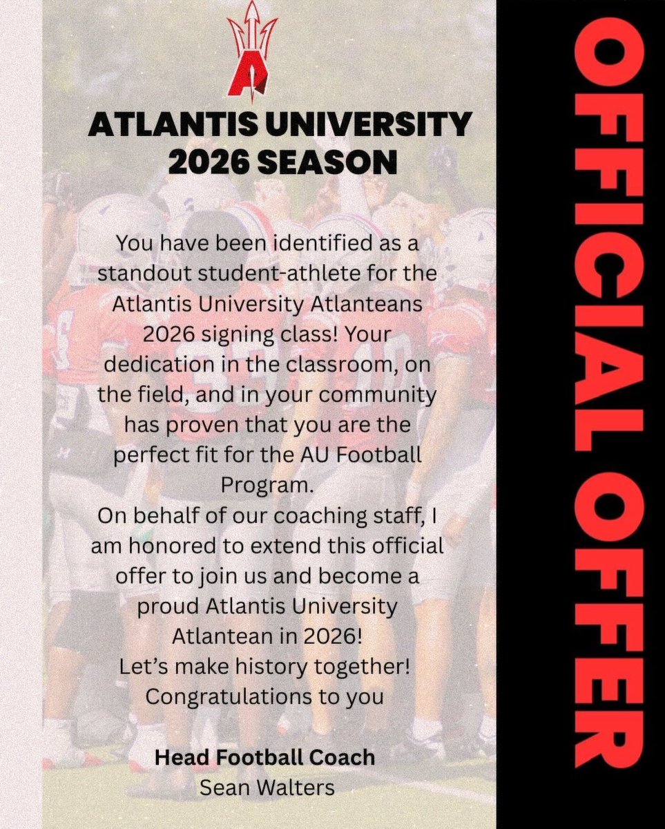 casschuster10's tweet photo. After a great conversation with @CoachSWalters , I'm blessed to receive an offer from @au_msfootball, a big thank you to Coach Walters for reaching out and giving me this opportunity, and theAtlantis College staff for believing in me.
@CoachAgno @CoachDeMarco189 @BrandonHuffman https://t.co/djC4WPPp7l