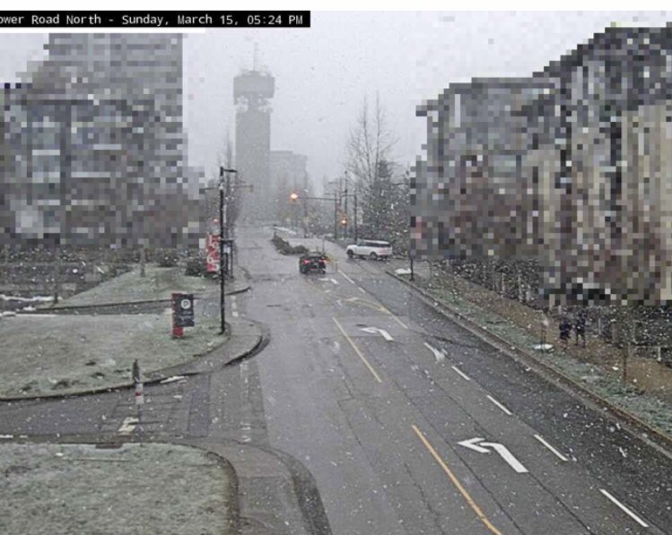 Wet Snow has begun falling at SFU- Burnaby Campus, Currently +1 ,, Freezing levels at 200M or less for the next 3-5 hours 2-5 cm possible