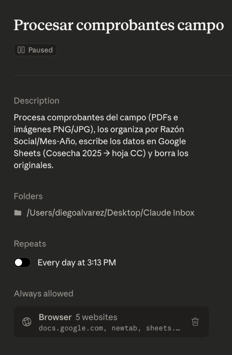 AgroConceptos's tweet photo. Probé la IA que usó el Pentágono para capturar a Maduro…

Y terminé automatizando toda la administración de mi campo con un solo click!

Te explico.

EL PROBLEMA QUE TENÍA:
Cada mes recibo muchas  liquidaciones primarias de distintas empresas. PDFs y fotos de comprobantes con datos de fecha, empresa, cultivo, kilos, precio, retenciones, IVA, neto gravado.

Hasta hace poco, cargaba todo a mano en una planilla. Fila por fila. Dato por dato.
¿El resultado? Horas de laburo administrativo, errores de tipeo y ganas de tirar la notebook al tacho de basura.

LO QUE ARMÉ CON CLAUDE:

Un sistema que en 8 pasos automáticos hace todo lo que antes me tomaba horas:

1️⃣ Recibe los PDFs en una carpeta (los tiro ahí y listo)
2️⃣ Extrae los datos automáticamente: empresa, COE, cultivo, fecha, kilos, importe, retenciones, IVA
3️⃣ Verifica duplicados antes de cargar (si ya existe, lo saltea)
4️⃣ Carga la fila principal en el Google Sheet con TC automático a USD
5️⃣ Agrega la fila de IVA SISA (RG 4310/2018) — el 5% retenido lo registra como ingreso futuro M+2
6️⃣ Organiza los archivos por empresa y mes en carpetas automáticas
7️⃣ Sube los originales a Google Drive compartido con mi contador
8️⃣ Limpia el inbox — cero archivos sueltos, cero desorden
0 intervención manual.
Se ejecuta solo.
Todos los días.

De cazar objetivos de alto valor a cazar ineficiencias administrativas en el sector agro. 

El futuro no es que la IA lo haga todo, es que te devuelva el tiempo para lo que importa. 🚀
