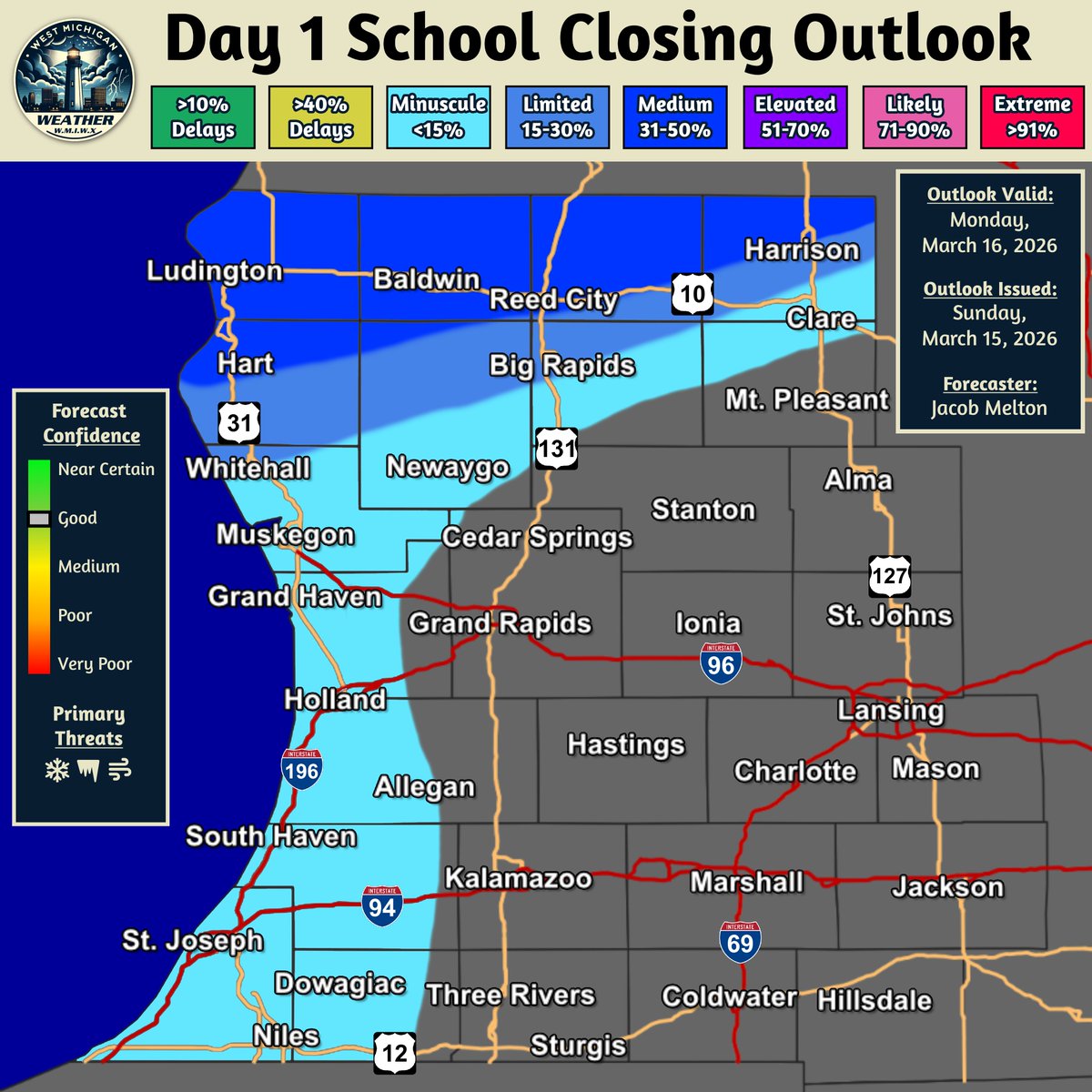 Day 1 School Closing Outlook
WestMichiganWeather.net/closings
Forecast Valid: Monday, March 16, 2026
Forecast Issued: Sunday, March 15, 2026, 8:30 PM
Forecasters: Jacob Melton

Summary:
A “Medium” risk for school closures exists, mainly near/north of the US-10 corridor, on Monday morning