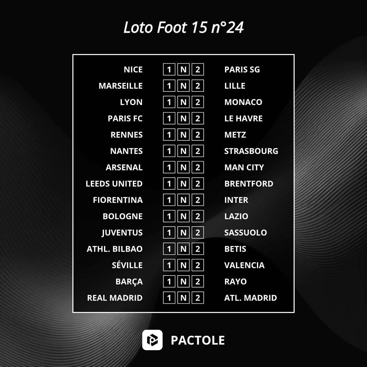 PactoleApp's tweet photo. ⚽ Loto Foot 15 n°24 est là ! 💰 1 500 000 € à gagner sur 15 matchs !

⏰ Deadline : sam. 21 mars à 19h40 — ne rate pas ça !

🎯 Maximise tes chances avec Pactole, l'outil indispensable pour optimiser ta grille !

👉 https://t.co/gOFOp1lRBv

#LotoFoot #Pactole #PointDeVente #TeamParieur