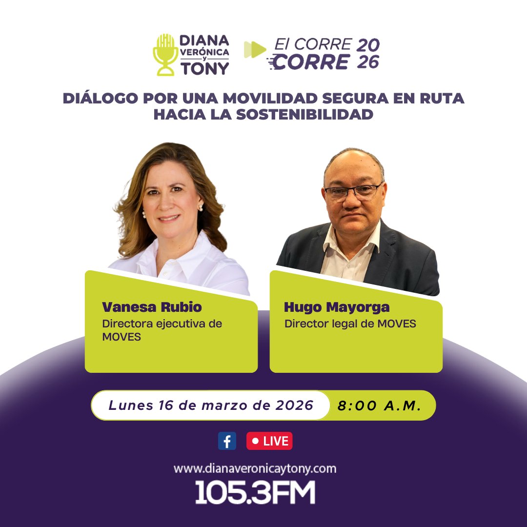 🎙️ Mañana en #LaEntrevista de #ElCorreCorre de la Mañana nos acompañarán Vanesa Rubio, Directora Ejecutiva de MOVES, y Hugo Mayorga (<a href="/HugoMayorga9/">Hugo Mayorga</a> ), Director Legal de MOVES.

Conversaremos sobre el Diálogo por una Movilidad Segura en ruta hacia la sostenibilidad.

📻 105.3 FM