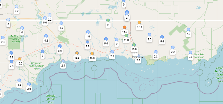 MeredithGuthr15's tweet photo. Esperance shire got some rainfall over night, with @DPIRDbroadacre weather station at Grass Patch receiving 46.8 mm in 24 hours. Not much forecast for the next 8 days. #climate https://t.co/Os6S1ex8Ez