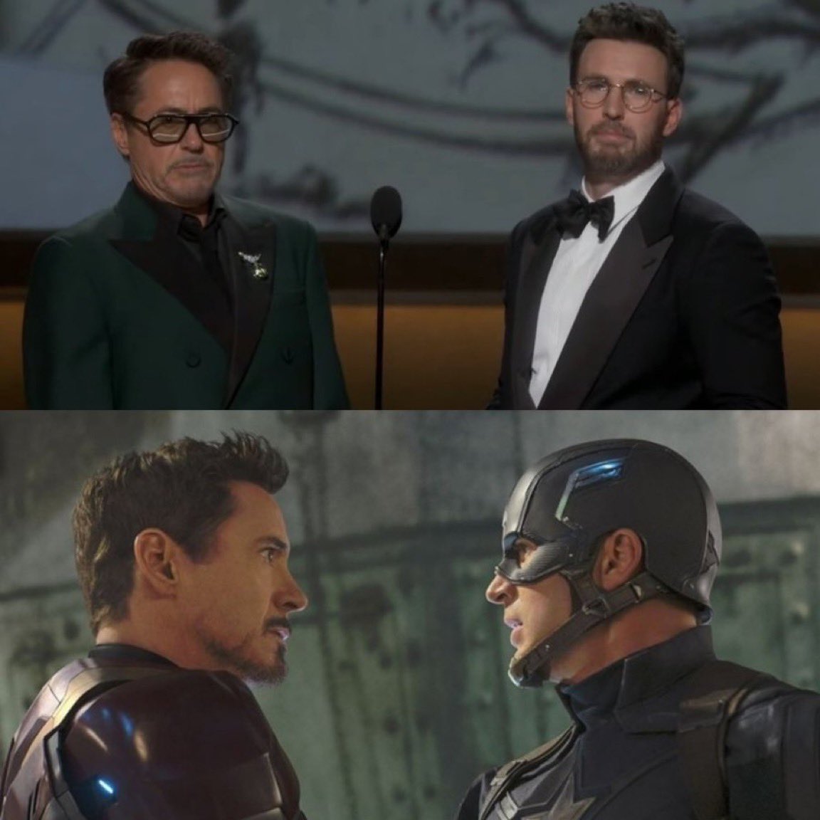 bigeyenest's tweet photo. Robert Downey Jr. and Chris Evans reunite at the #Oscars https://t.co/3ZcCIpoRiI