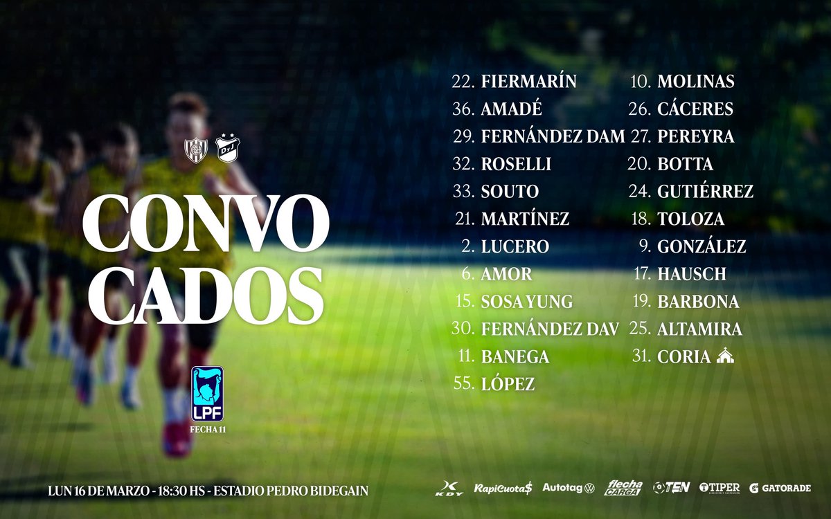 ClubDefensayJus's tweet photo. 📝✅ Estos son los convocados para enfrentar mañana a San Lorenzo por la #Fecha11 del #TorneoApertura Mercado Libre 2026.

📺 Seguilo en vivo por TNT Sports. Suscribite al pack fútbol: https://t.co/KLbpJ9vH8r

#TodosJuntos🔰 https://t.co/d1a21YIQoy