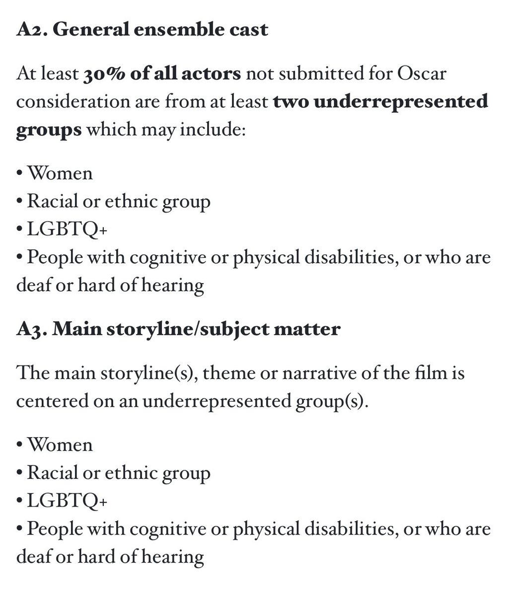 In order to compete at the Oscars for Best Picture, all films must meet the "diversity inclusion" quota.

Here are those rules. Yes, this is real.