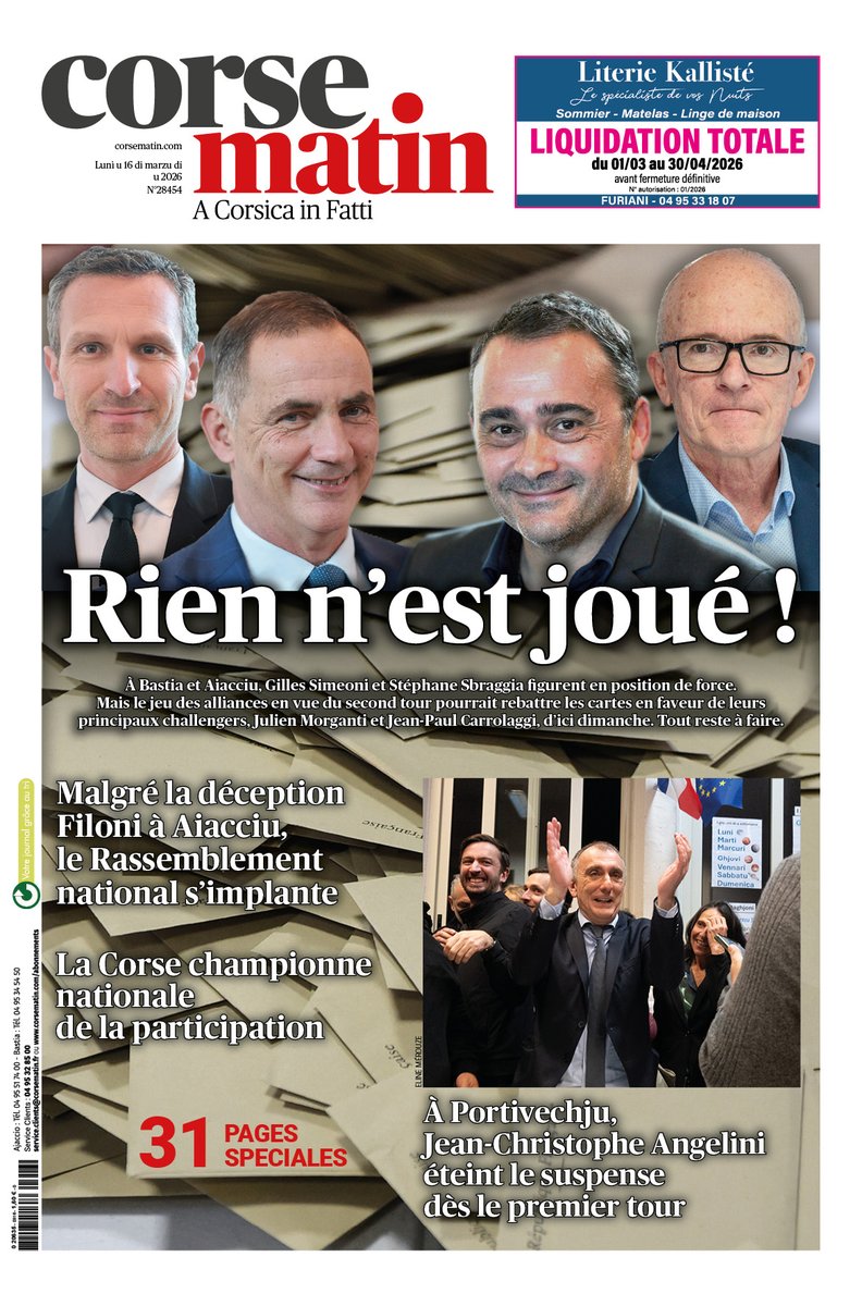Corse_Matin's tweet photo. A la une de Corse-Matin du lundi 16 mars
https://t.co/4yN9WAeJJf https://t.co/krTUMdYEcc