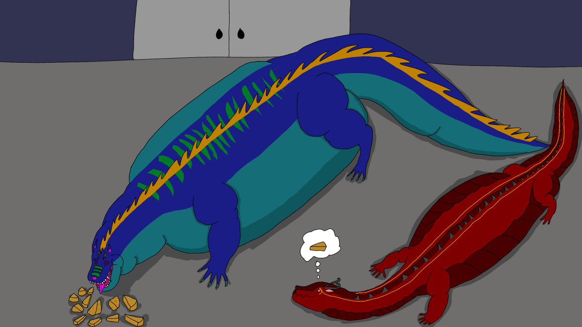 Imoogi as fat/chonky sausage shape noodle dragon nom cheese with his red noodle dragon friend.