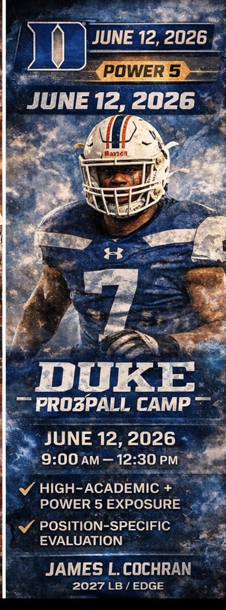 JamesCochranL's tweet photo. Competing in the ACC.
Duke Football Prospect Camp
π
June 12, 2026
2027 LB / EDGE
6'1 190
Athens Drive HS (NC)
Dual-Sport Athlete ππ€Ό
π₯ Hudl:
https://t.co/XCrJdUffeP
@DukeFOOTBALL
@Coach_MannyDiaz
@Coach_DFeeley
#DukeFootball #TackleMachine #JamesCochranAthensDrive https://t.co/nm1tcNnJi6