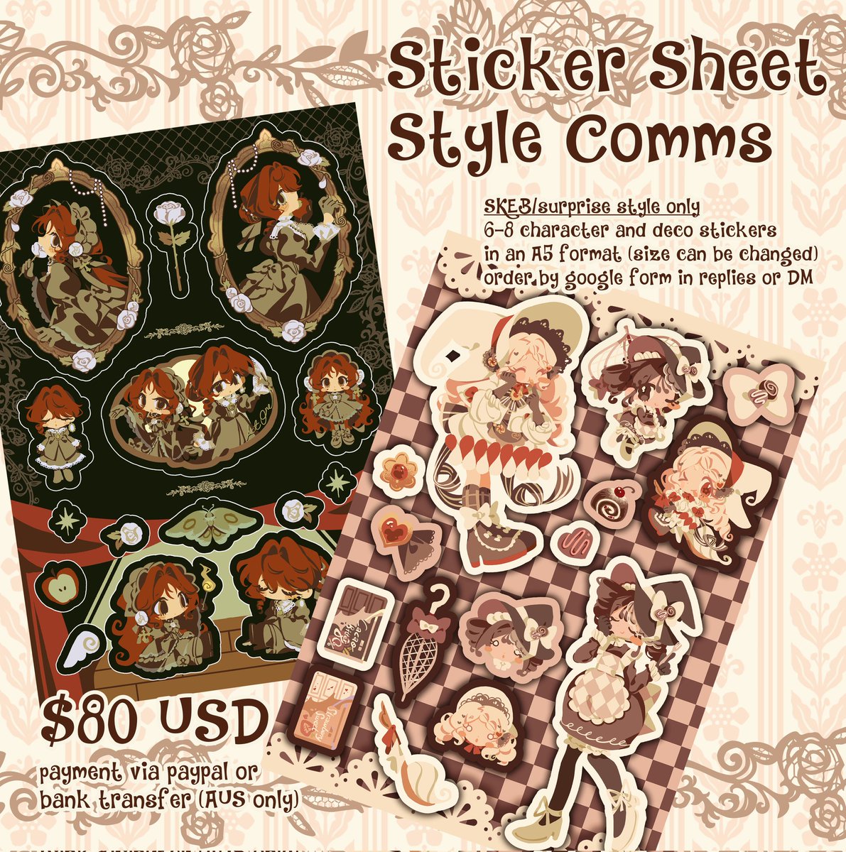 hi!!! i am opening skeb/surprise cms for sticker sheets... you can find more info in the form below or through dm!!