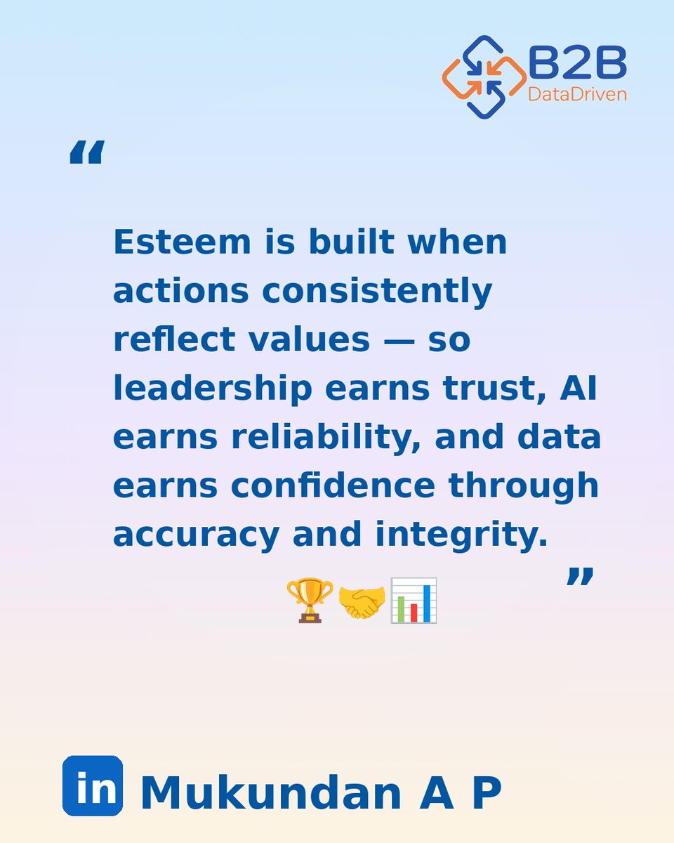 Esteem is earned through consistency.

Leadership earns trust.
AI earns reliability.
Data earns confidence. 🏆📊

#Esteem #Leadership #AI #DataScience #B2B3DM