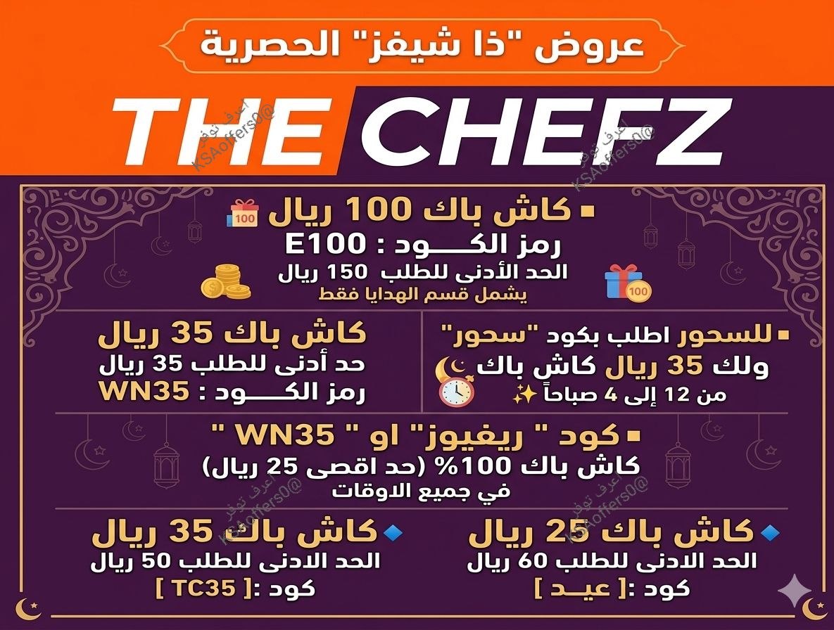 جمعت لكم أقوى أكواد الكاش باك لتطبيق ذا شيفز لطلباتكم وهداياكم في مكان واحد:

​1️⃣ لقسم الهدايا فقط 🎁 ​كاش باك 100 ريال
ال​كــ.ود: " E100 "
🔻​الحد الأدنى للطلب: 150 ريال

​2️⃣ لوقت السحور 🌙 (من 12 ص إلى 4 ص)
​كاش باك 35 ريال
ال​كــود: "سحور"

​3️⃣ عروض الكاش باك العامة 💰.
🔸️