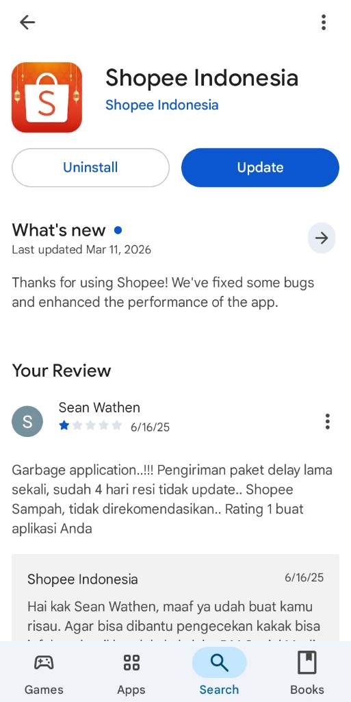 davidsignn's tweet photo. @callMeCapri_ @ShopeeID @callMeCapri_ Perbanyak beri rating 1 ka di playstore dengan nama Shopee.. Kadang keluhan pembeli terlalu lama di respon oleh @ShopeeCare @ShopeeID 
Siapa tau dengan rating 1 paling tinggi di apk playstore dan google maps, shopee membenahi lagi dengan tidak menggunakan SPX lambat https://t.co/VPL7XQXQQo